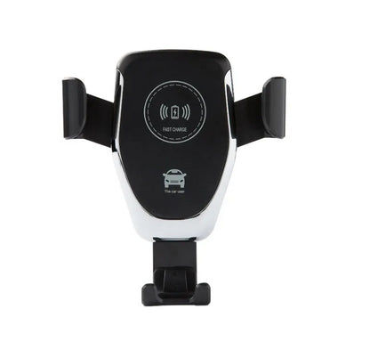 Black car phone mount with automatic clamp holding an iPhone on a car air vent, charging wirelessly.