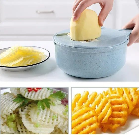 Blue 8-in-1 mandoline slicer set with stainless steel blades, hand guard and kitchen tools