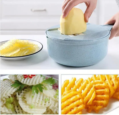 Blue 8-in-1 mandoline slicer set with stainless steel blades, hand guard and kitchen tools
