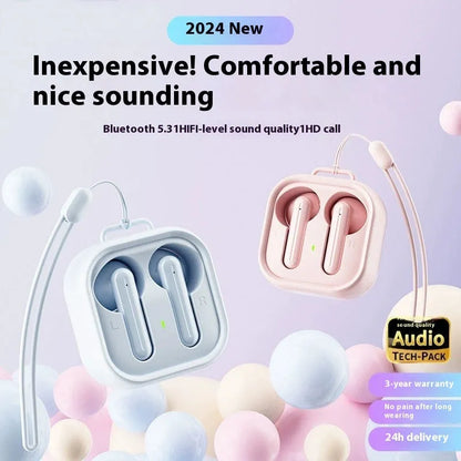 Wireless Bluetooth earbuds with noise reduction, sports style, available in black, white, or skin colour, plastic.