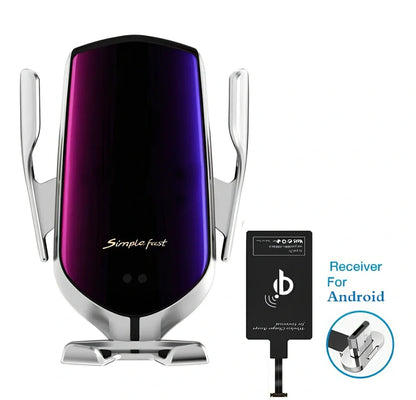 Black car wireless charger phone holder with suction cup mount and 360-degree rotation on a dashboard