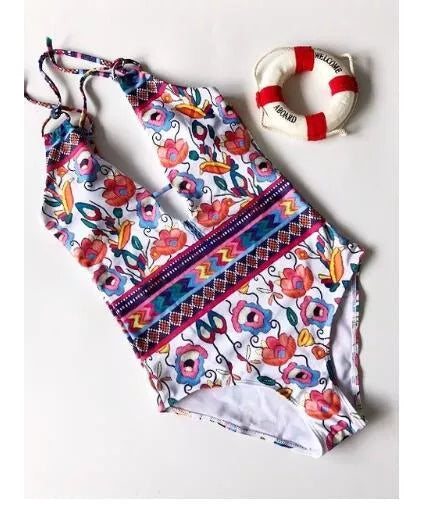 Floral bandage swimsuit with high elasticity and open back design