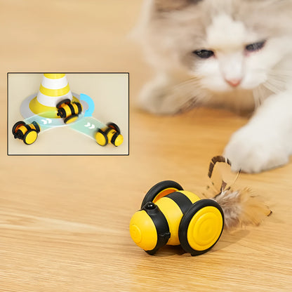 Electric bee-shaped cat car toy with feather teaser moving on floor