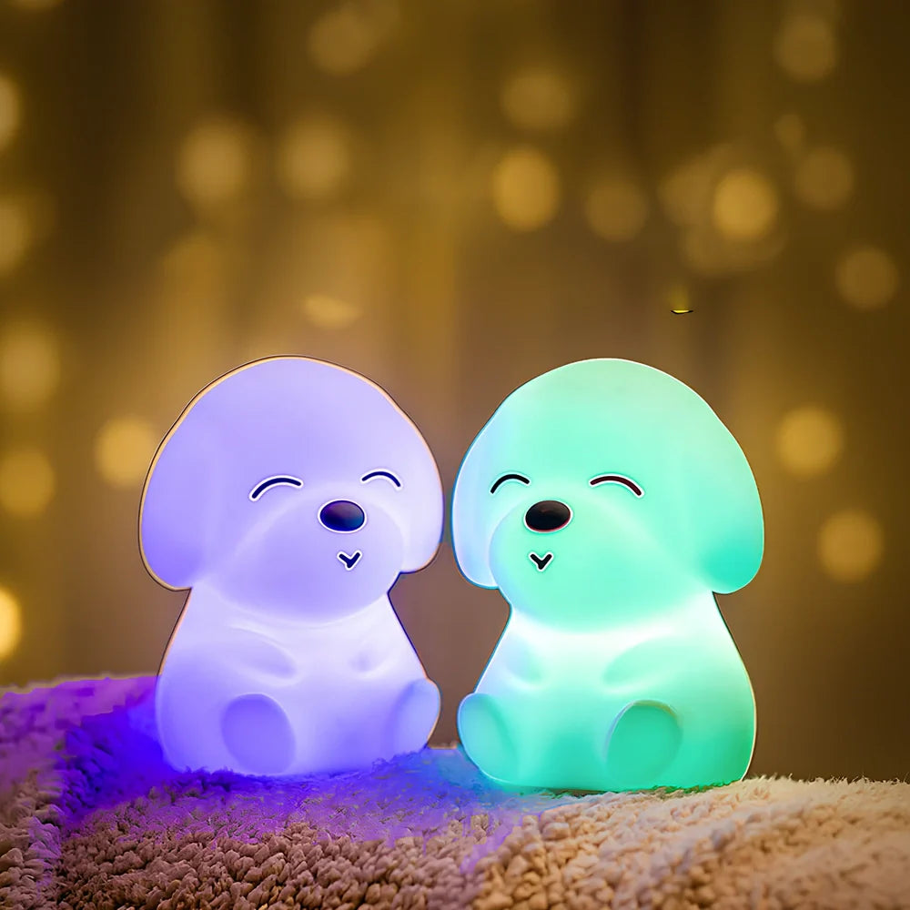 White silicone dog shaped table lamp with touch sensitive nose and colourful LED illumination