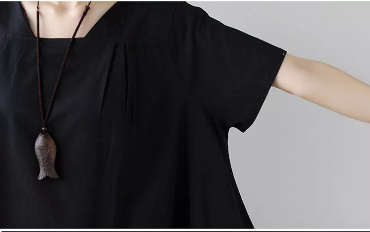 Black linen short sleeve dress for women in large size, perfect for summer.