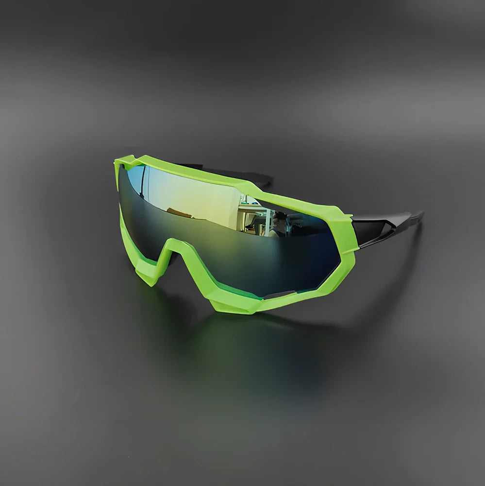 Cycling glasses with interchangeable lenses showing UV400 protection and lightweight frame design