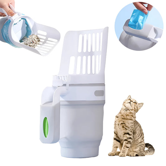 Grey cat litter scoop with attached waste collection bin and sheltered lid.
