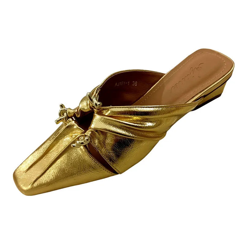 Genuine leather women's half toe slippers with square toe and low heel in gold, beige, and silver colour options