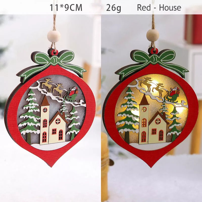 Handmade LED light wooden hanging pendants for Christmas decor in various designs