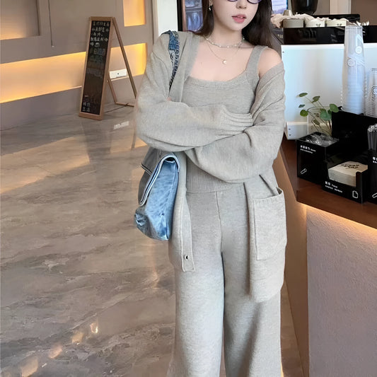 Women's knit cardigan suspender pants three-piece set in light brown wool blend fabric with seamless design