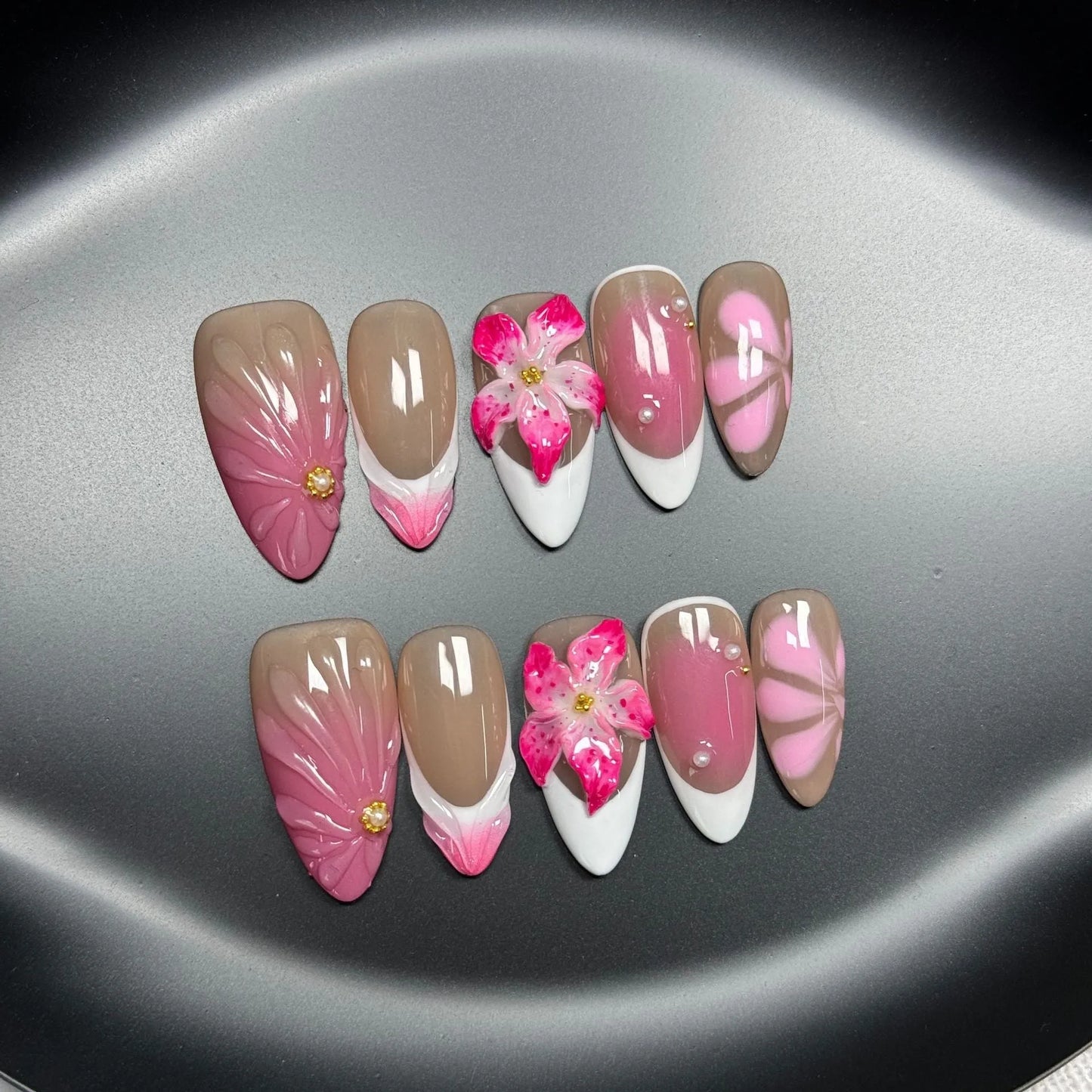 French style lily fluid ice flower three-dimensional press-on nails in almond shape