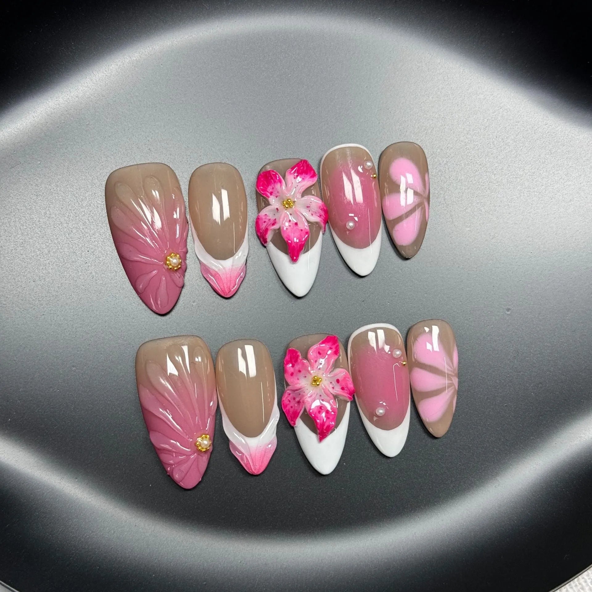 French style lily fluid ice flower three-dimensional press-on nails in almond shape