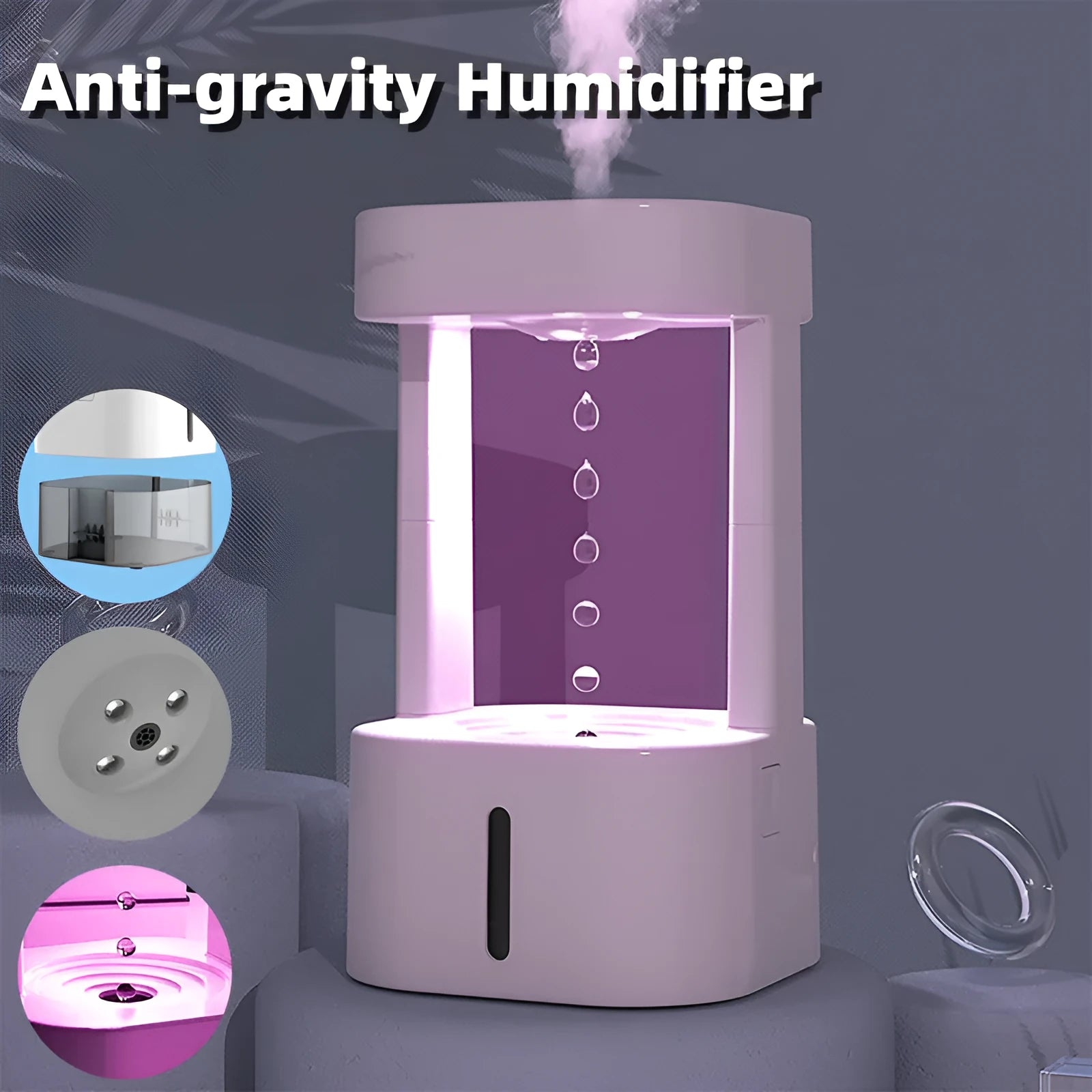 Creative anti-gravity water drop humidifier with upward flowing droplets and coloured lights