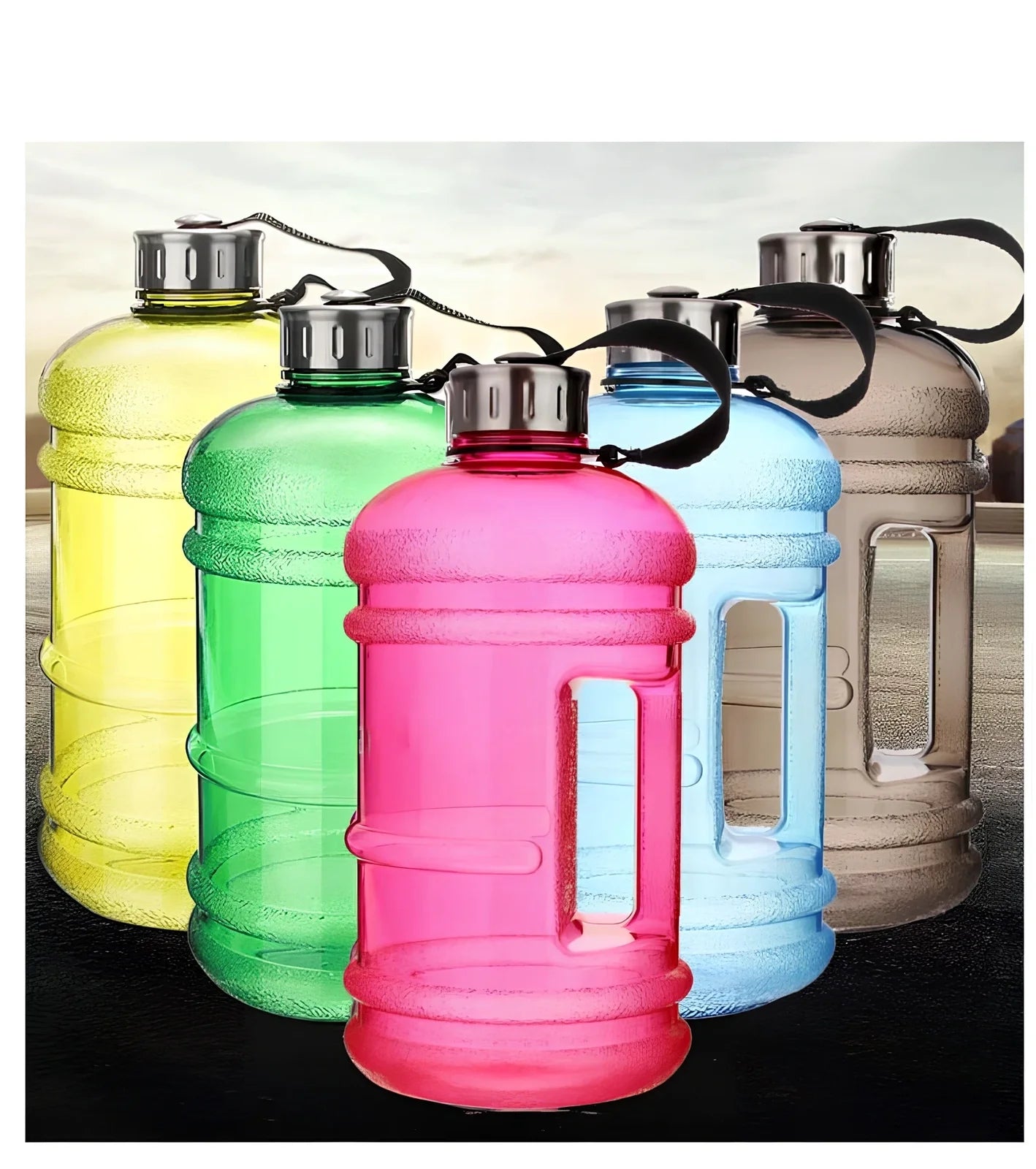 2-litre sports bottle in navy blue with white lid and ribbon connection, showing 13cm diameter and 27cm height dimensions