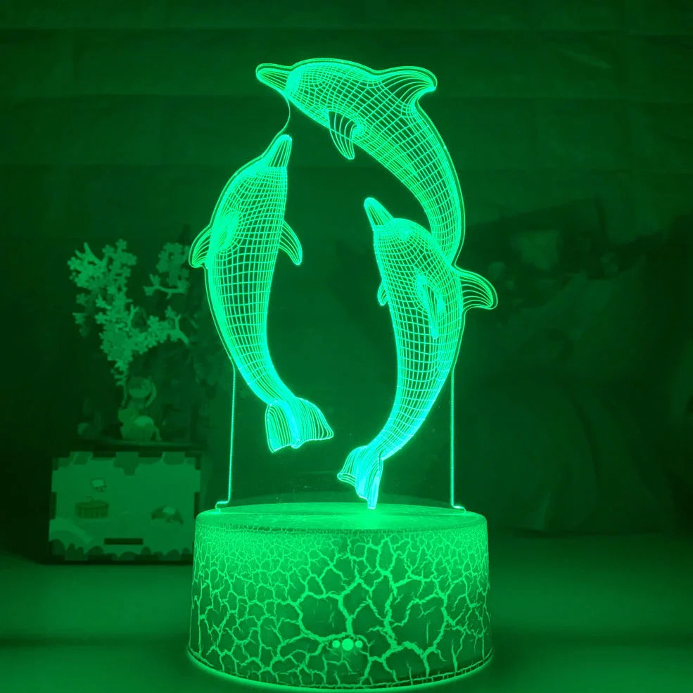 Black base dolphin 3D LED night light projecting image, 87x87x42mm size with USB cable and optional remote