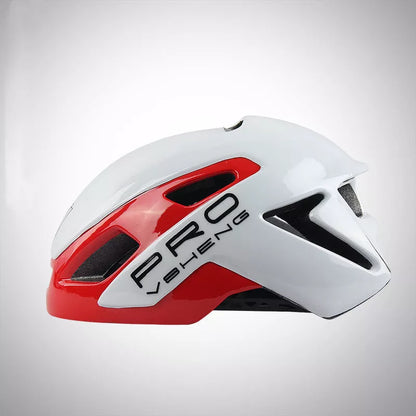 Road bicycle safety helmet in red and black with hyperlight design and adjustable buckle