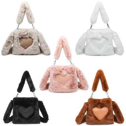 Plush tote bag for women in various colors, including black, brown, white, gray, and pink, with a soft, fluffy exterior and a spacious, versatile design.