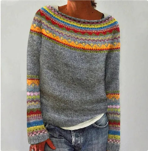 Women's loose round neck acrylic pullover sweater in geometric and stripe prints, sizes S-5XL, 50cm length