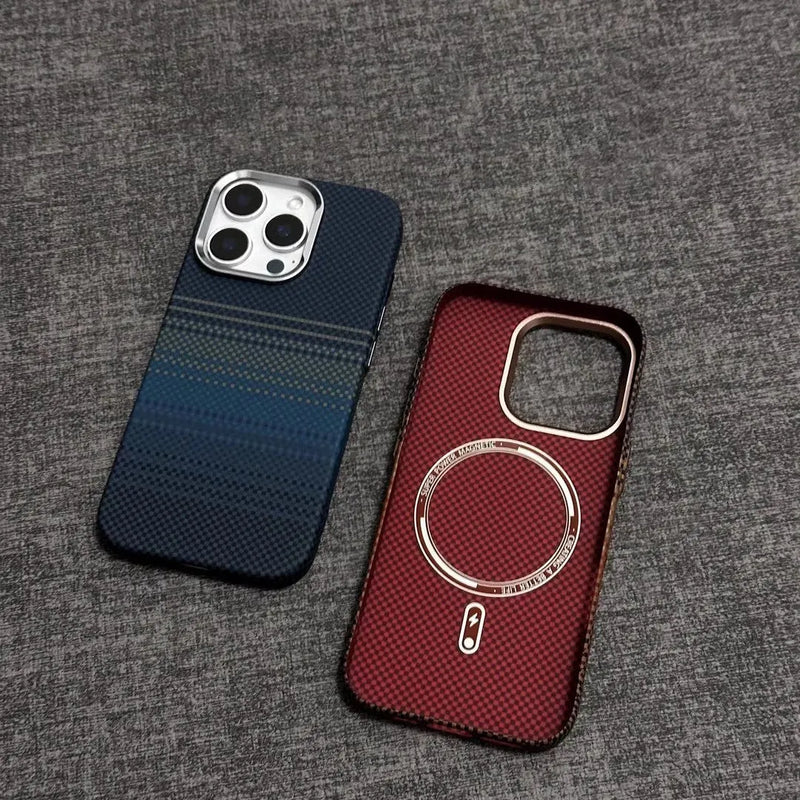 Kevlar Magnetic Phone Case All-Inclusive PC Drop-Resistant Shockproof Cover with Anti-Fingerprint Finish for iPhone 13 to 16 Pro Max in Sunset Gold or Moon Blue