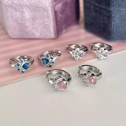 Diamond studded love cat foot earrings in pink, blue, and white alloy