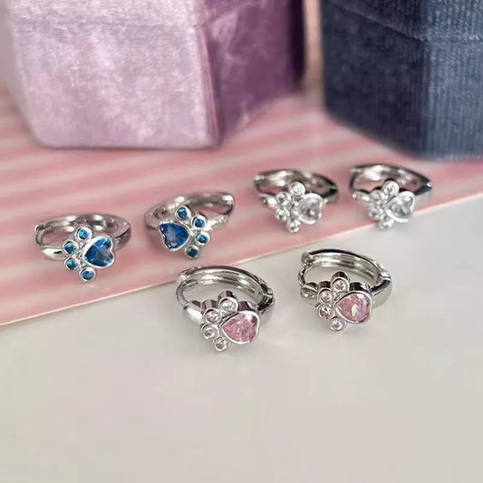 Diamond studded love cat foot earrings in pink, blue, and white alloy