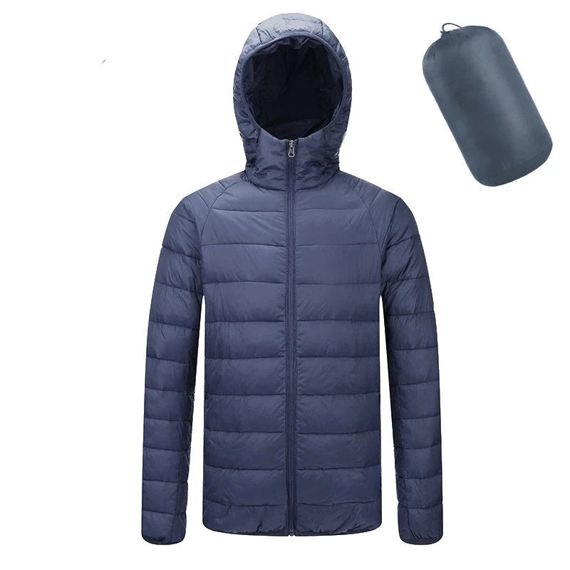 Men's lightweight hooded jacket in various solid colors with zipper closure and stylish design
