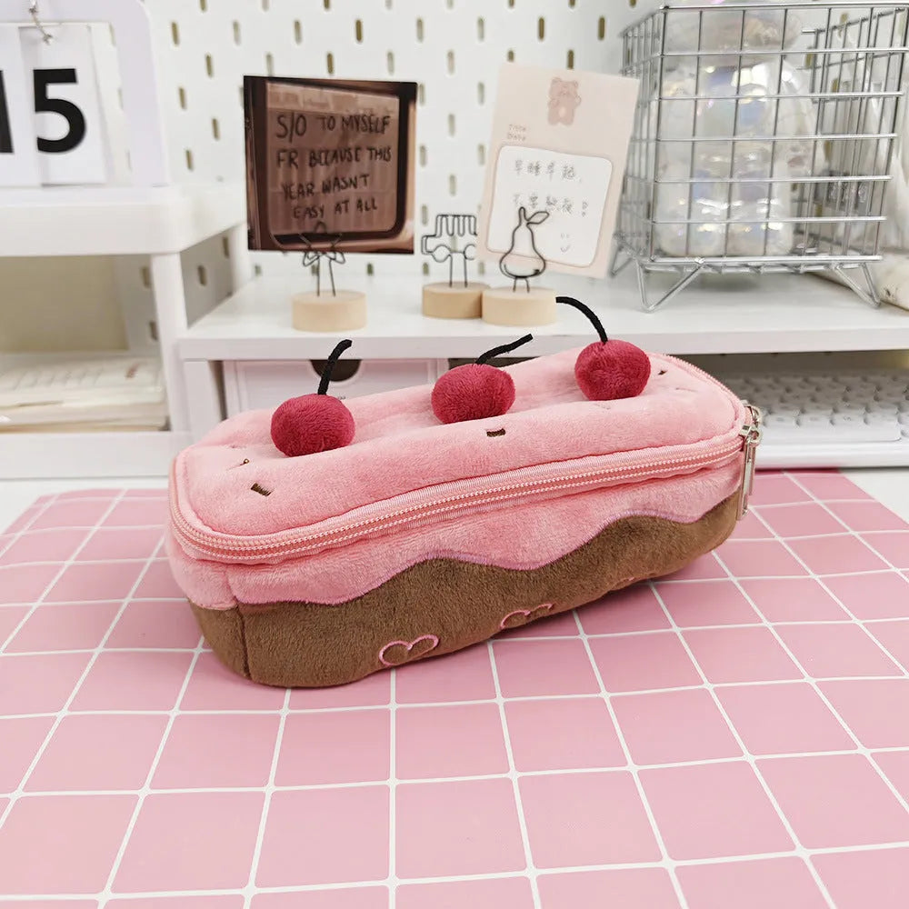 Cherry Cake plush pencil bag in velvet with zip closure, measuring 20cm long