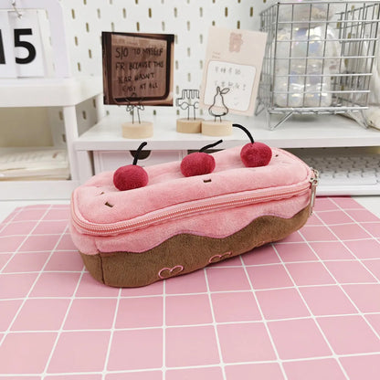 Cherry Cake plush pencil bag in velvet with zip closure, measuring 20cm long