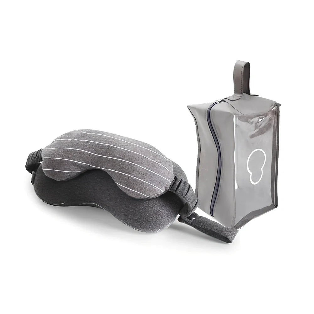 Dark grey two-in-one pillow showing neck support position and eye mask function with 24cm length measurement