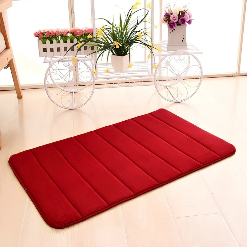 Memory foam bathroom carpet with coral fleece surface and non-slip latex backing in beige colour