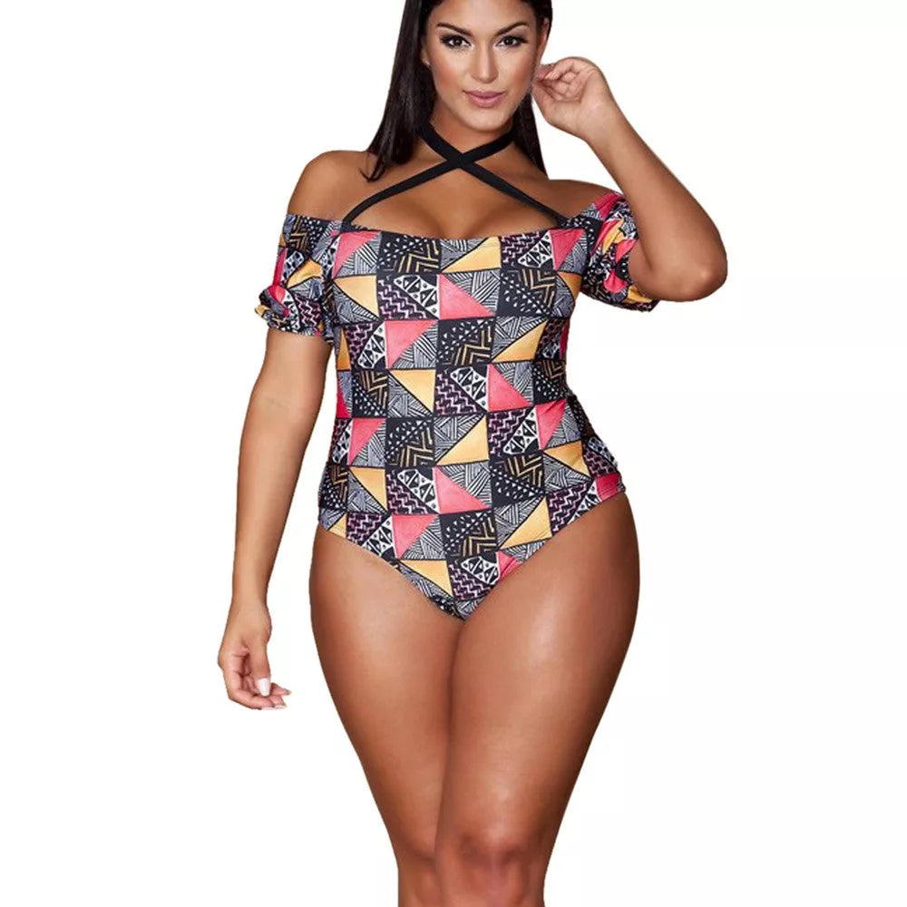 Plus-size geometric bikini with chest pad in photo color, perfect for swimming and wading sports