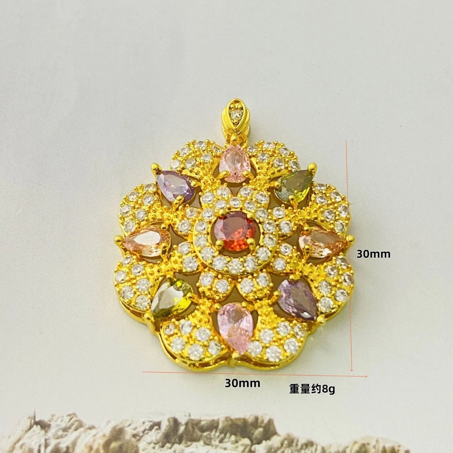 Close-up of a women's gold-coloured flower pendant necklace with a bright zircon stone centre.