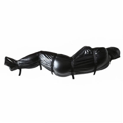 Black patent leather bondage set with leak nostril clothes and six ratchet tie downs