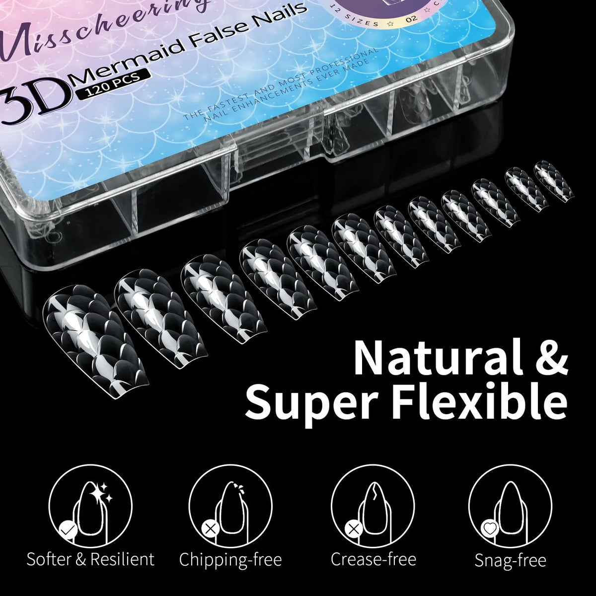 Professional 3D scale long shaping false nail tips in Frigate Box packaging for nail extensions.