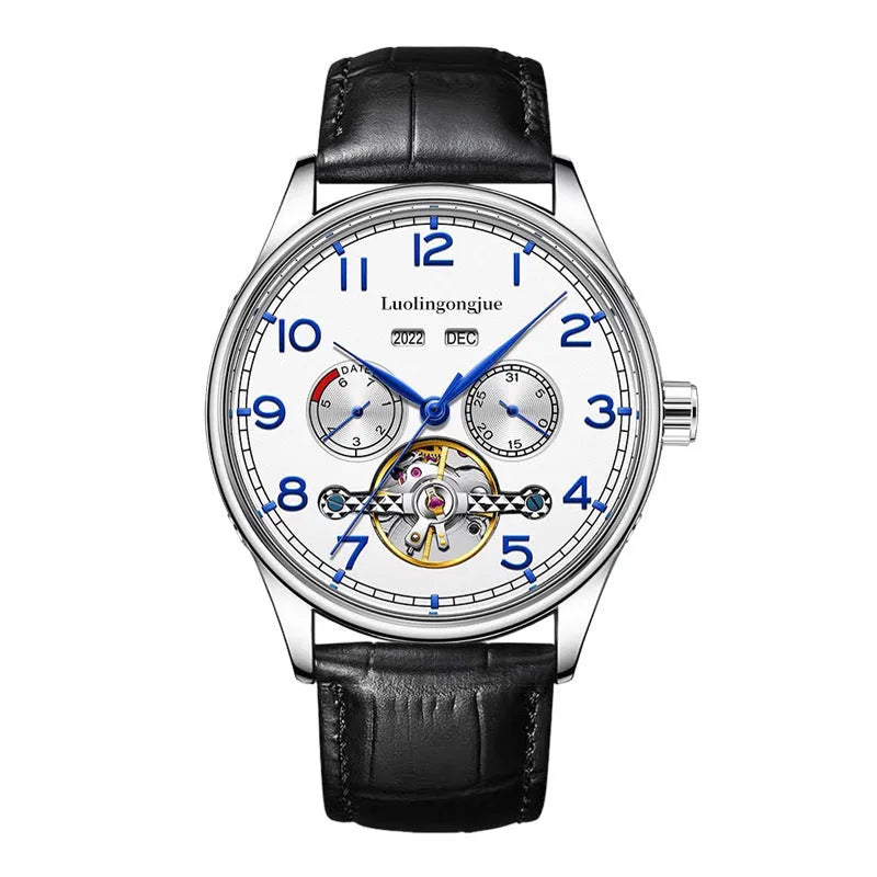 Men's stainless steel mechanical watch with sapphire crystal glass and genuine leather strap on wrist