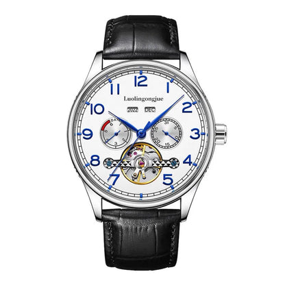 Men's stainless steel mechanical watch with sapphire crystal glass and genuine leather strap on wrist