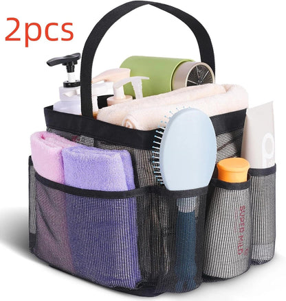 Black mesh toiletry bag with eight pockets for organized travel essentials