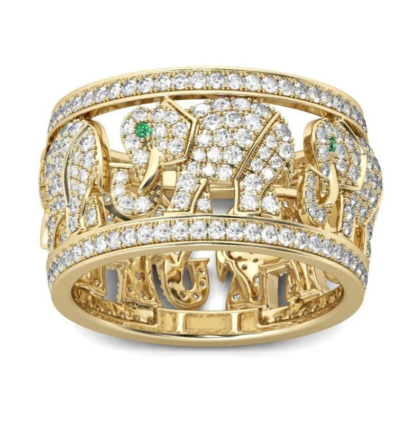 Close-up of a creative alloy elephant ring with diamond accents on a hand, showing the detailed animal design.