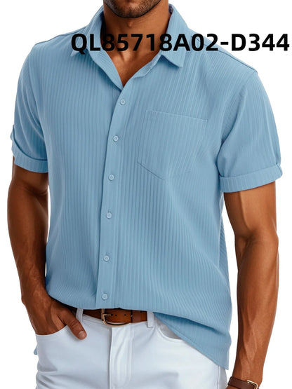 Man wearing a loose fit printed short sleeve lapel shirt in a casual setting