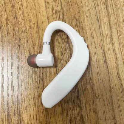 Wireless Bluetooth clip-on headset in piano black, plastic body, 10m range, noise reduction, 8+ hour battery.