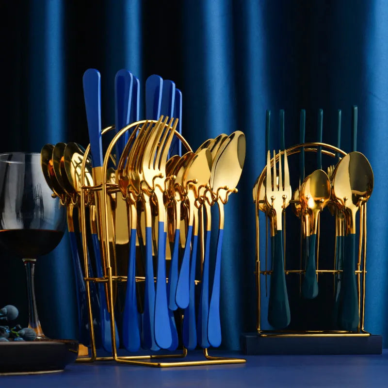Stainless steel cutlery set with storage rack includes 6 knives, 6 forks, 6 spoons, and 6 teaspoons, suitable for home use, parties, hotels, restaurants, and as a gift, available in silver, gold, black, rose gold, and multiple coloured finishes.
