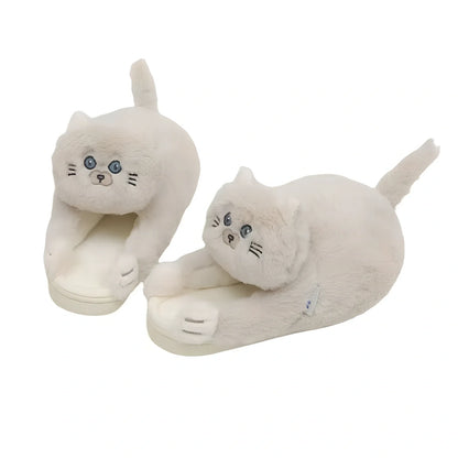 Cotton cat slippers with non-slip sole and animal pattern in blue, white, or beige