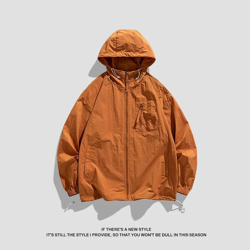 Lightweight spandex sun protection jacket for men and women with a hood, shown in caramel colour