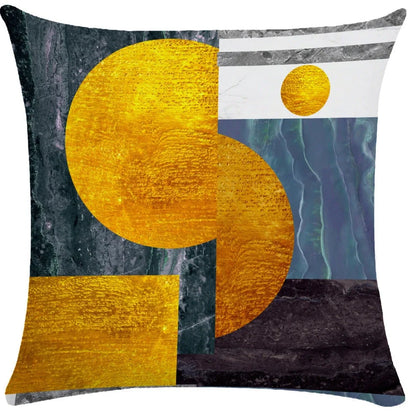Geometric pattern throw pillow on office sofa showing 45x45cm size with plush fabric texture