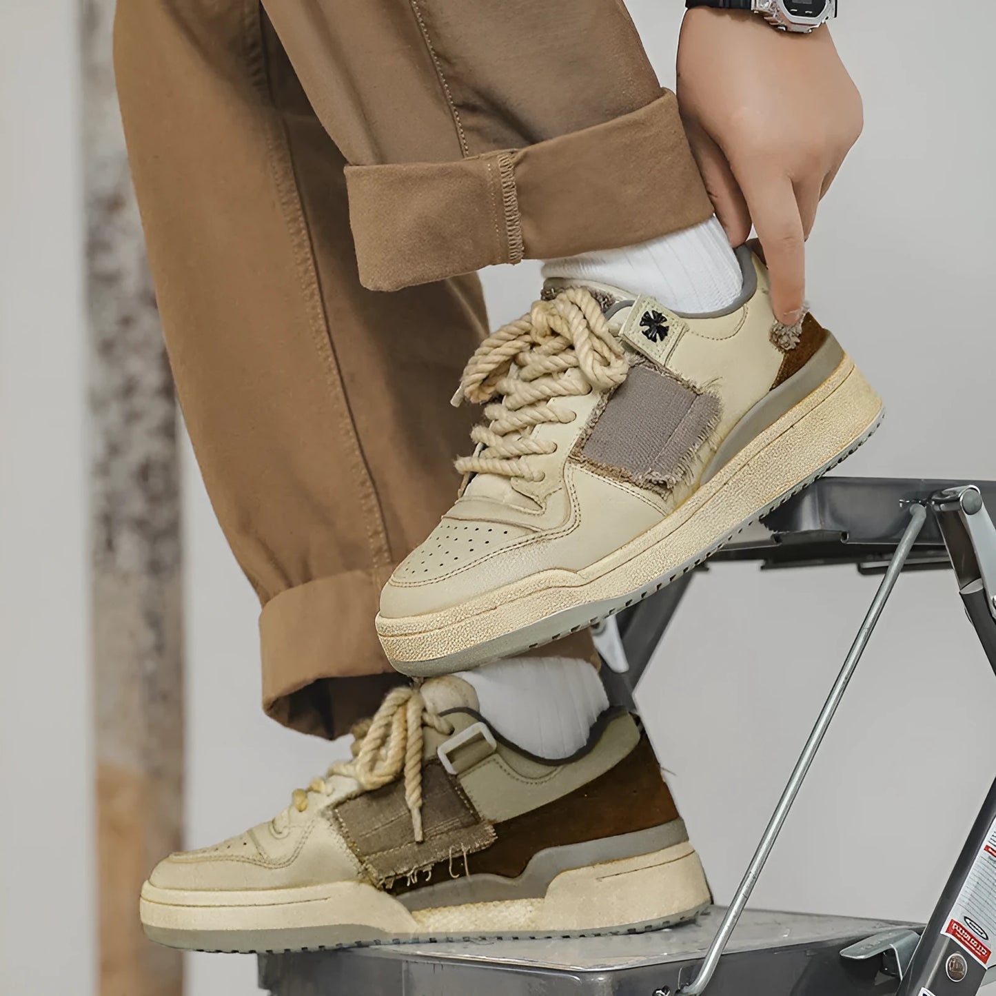 Beige low-top vintage-style skate shoes on a white background, showing round toe and lace-up front.