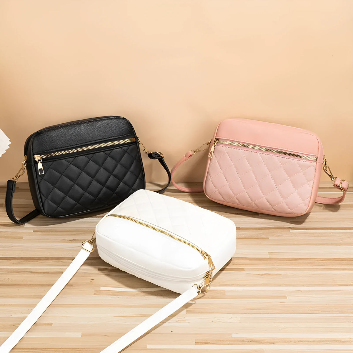 Large-capacity PU crossbody bag with diamond mesh, stitching, horizontal square shape, in white, black or pink