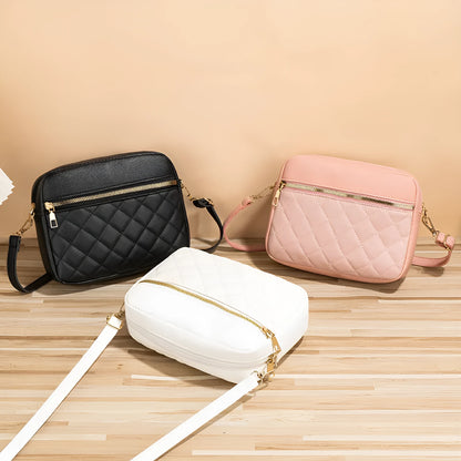 Large-capacity PU crossbody bag with diamond mesh, stitching, horizontal square shape, in white, black or pink