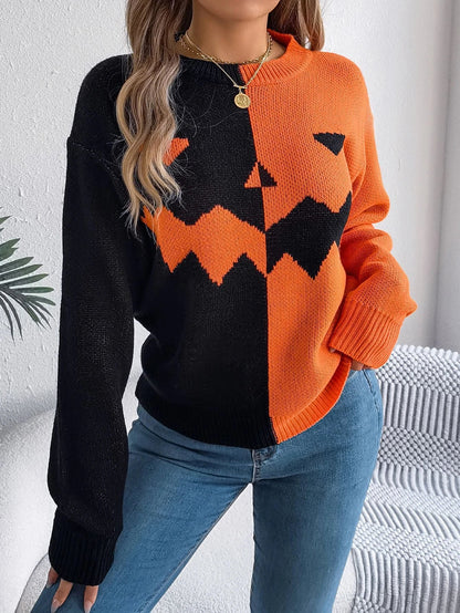Cozy Halloween pullover sweater with ghost pattern in orange, khaki, and grey colors