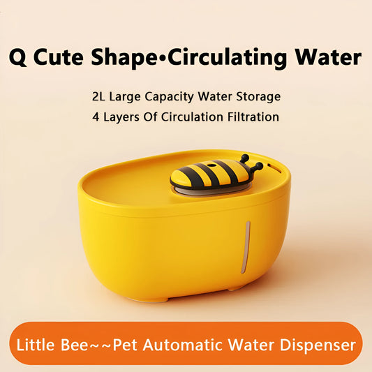 Yellow cat water fountain with filtration system, water level window, and blue night light