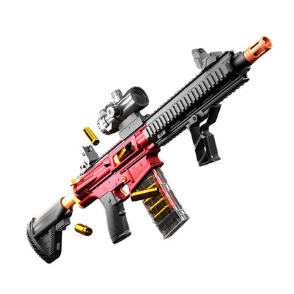 AMT ARP9 red soft bullet gun with vertical grip and red dot sight attached, 63cm length